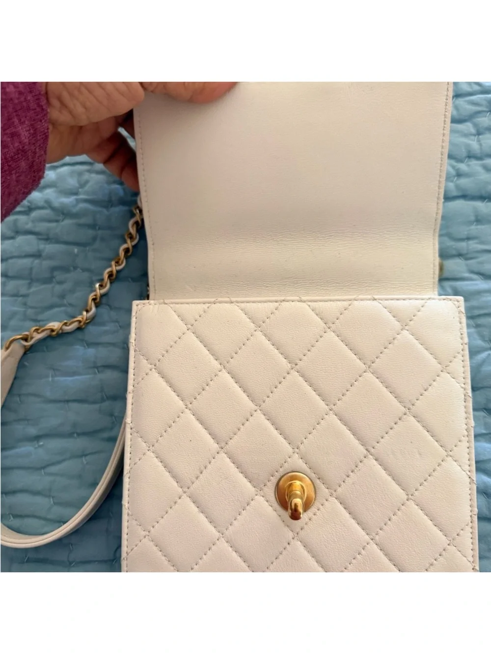 CHANEL White Quilted Leather Crossbody with Gold Chain Accent